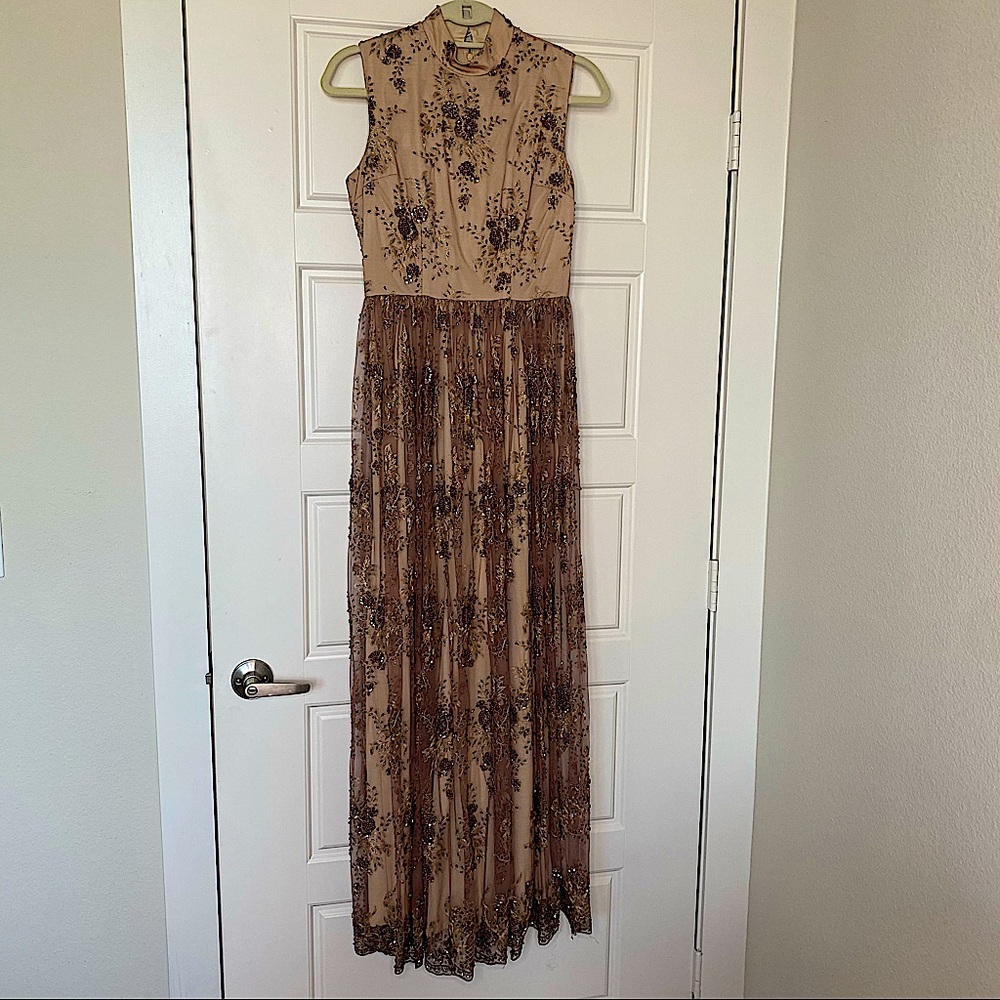 KOROVILAS ISLA EMBELLISHED TAN MOCK NECK MAXY DRESS 4